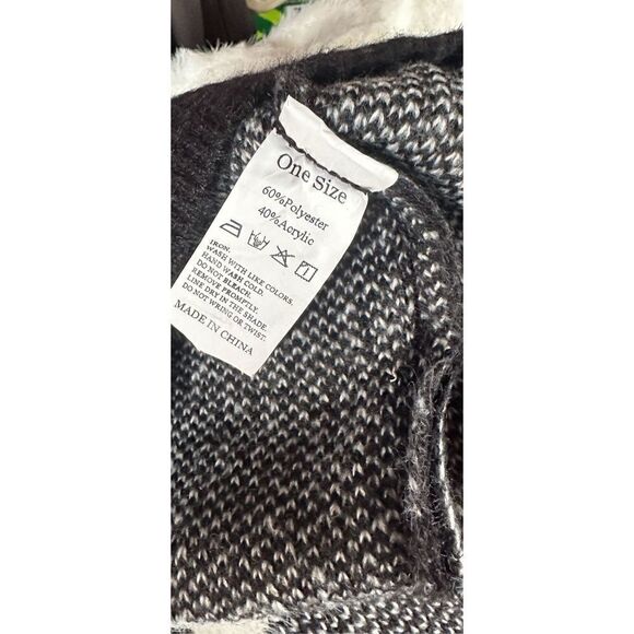 Oversized, cold shoulder, black and white fuzzy sweater. - Picture 8 of 12